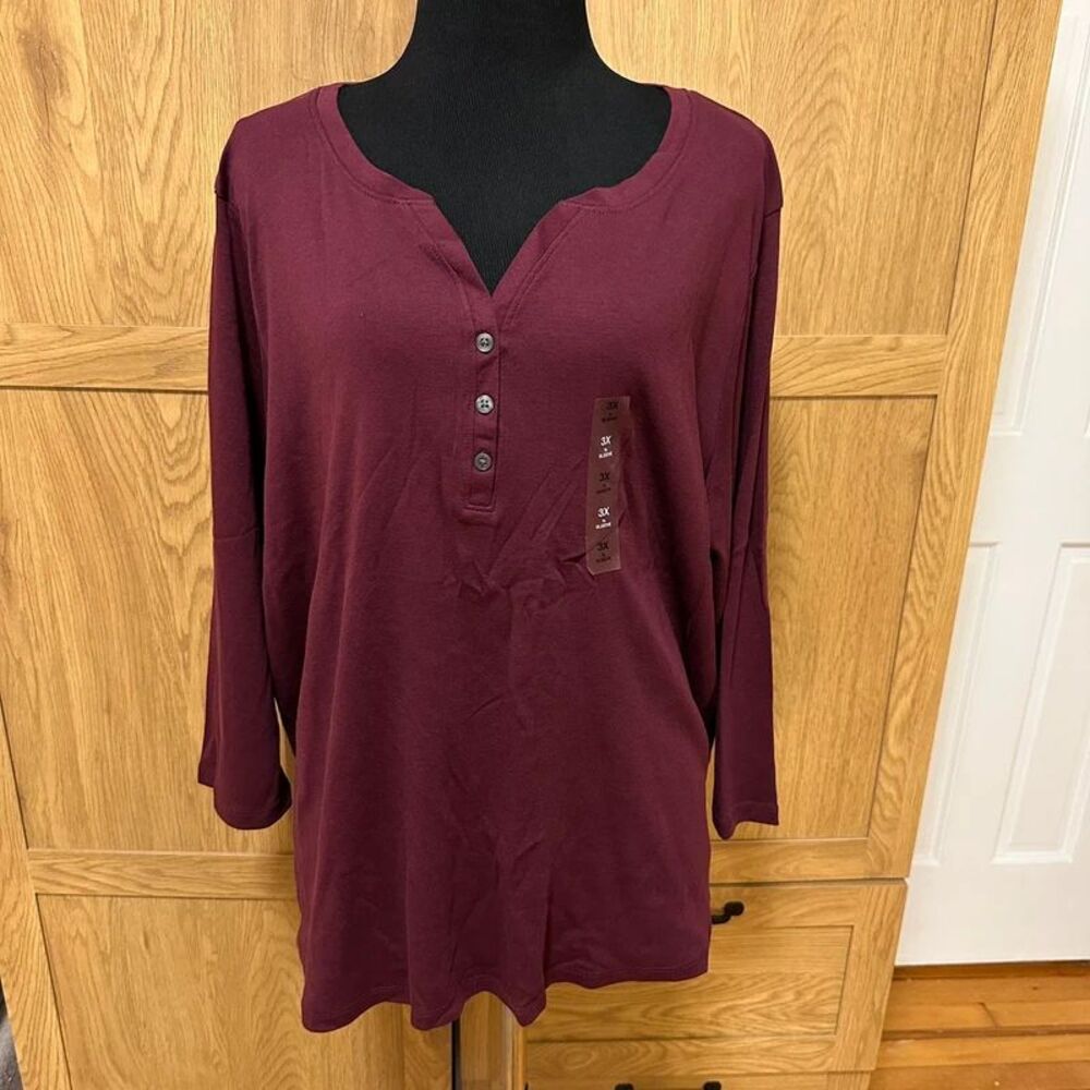 Style & Co Maroon Burgundy 3/4 Sleeve Henley Knit Top comfy 3X plus size